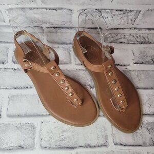 EUC Jack Rogers Kamri Brown Leather Gold Studded T Strap Sandals size 6.5